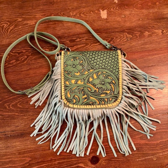 Montana West Genuine Leather Turquoise Yellow Fringe Crossbody - Picture 1 of 7